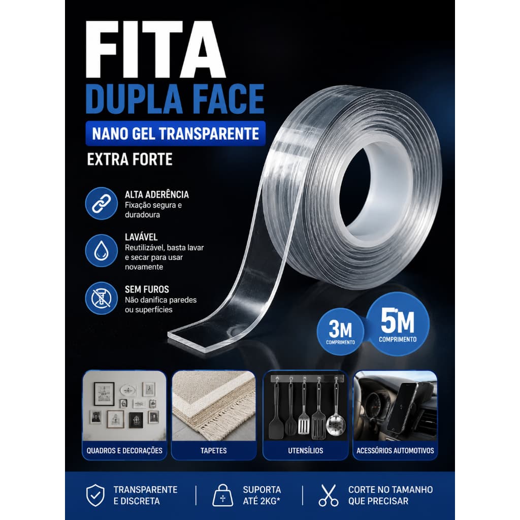 Fita Dupla Face Nano Gel Transparente 3M e 5M Extra Forte