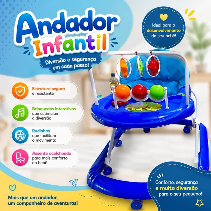 Andador Azul Menino Musical com Rodas de gel + Envio para Todo Brasil
