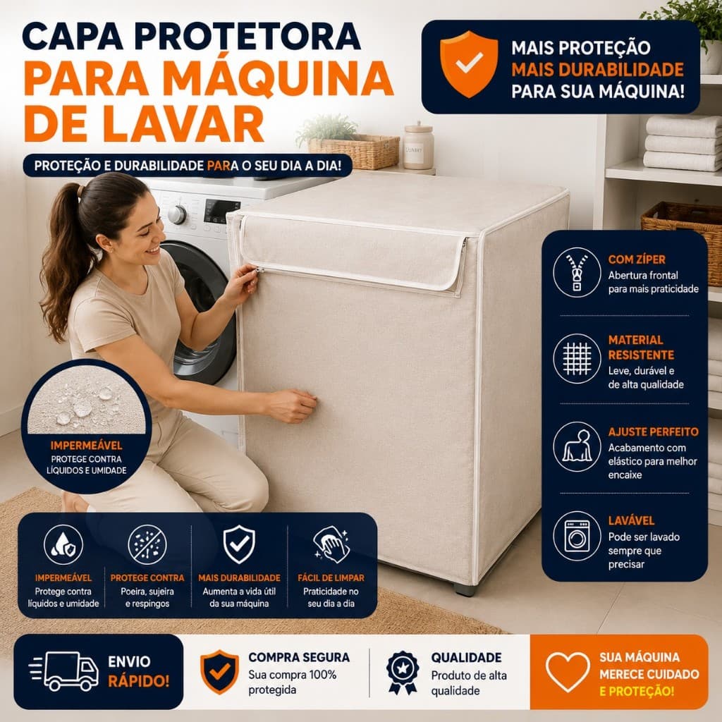 Capa Protetora Maquina Lavar Resistente Ziper Abertura Superior Bege Medio