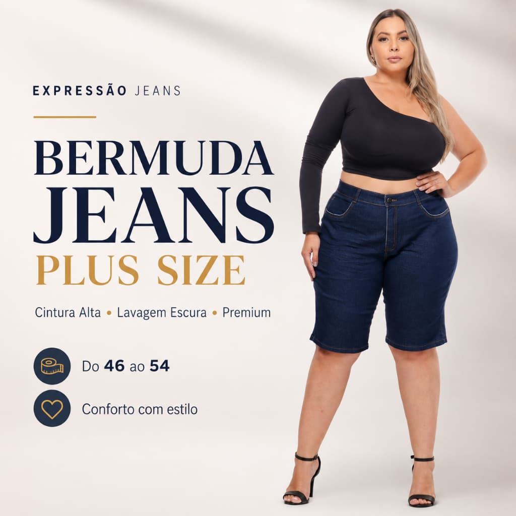 Bermuda Jeans Plus Size feminina cintura alta lavagem escura Premium