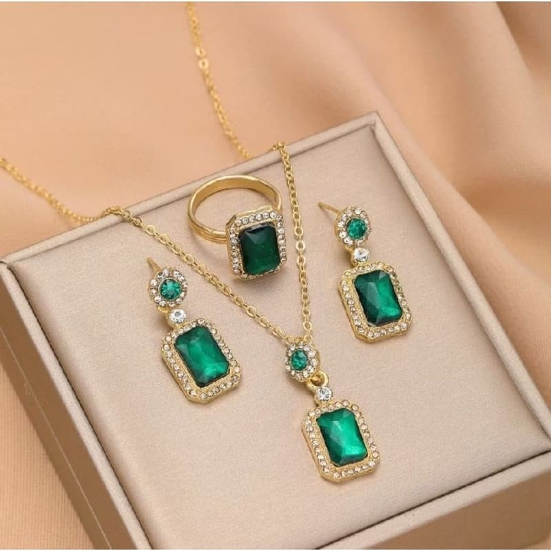 brincos, colar e anel-conjunto luxo esmeralda