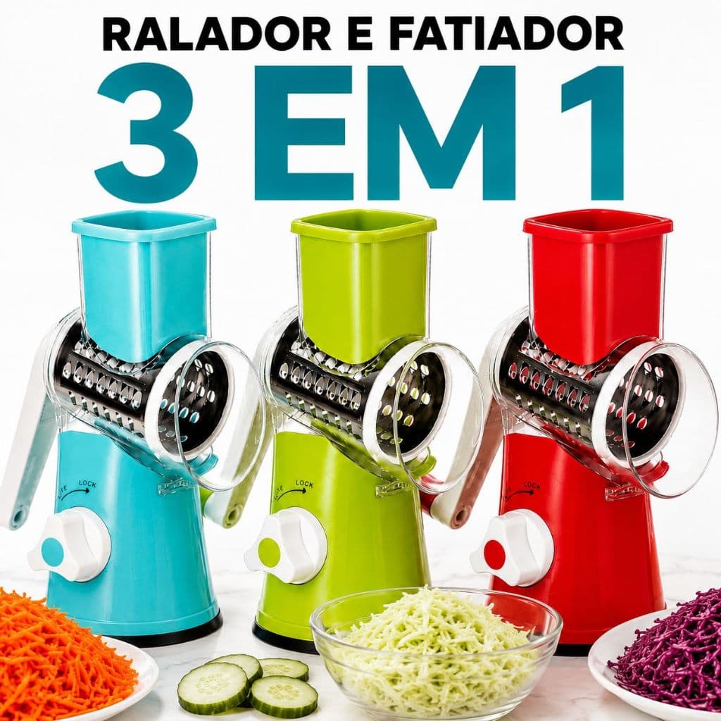 Ralador de Legumes Manual Giratório 3 em 1 Inox Fatiador Multifuncional com Ventosa