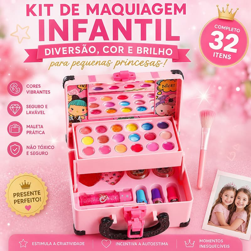 32 items of children's makeup kit, non-toxic and washable, carrying case gift, girl princess