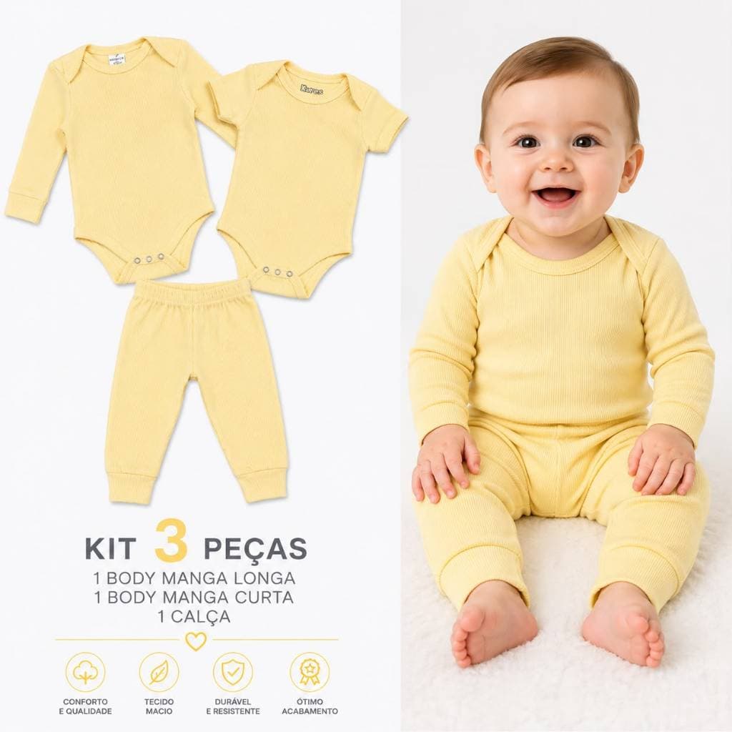 Kit 3 Peças Body Conjunto Canelado Manga Longa E Manga Curta Roupa Para Bebê Menino e Menina