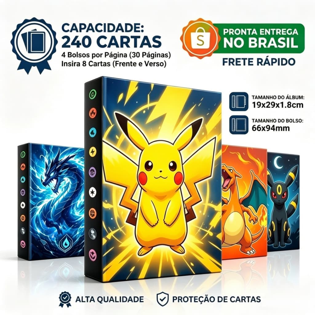 Álbum Pokémon TCG Pikachu Porta Cartas para 240 Cartas - Qualidade Premium, Coleção Completa