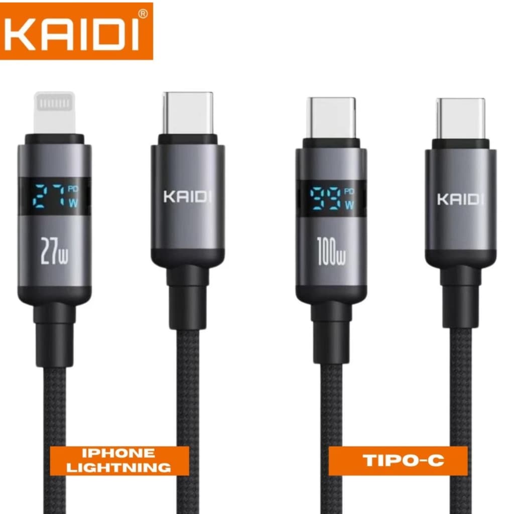 Cabo de Carregamento Turbo com Visor LED Kaidi Ultra Resistente para Iphone/Android Lightning/Tipo-c