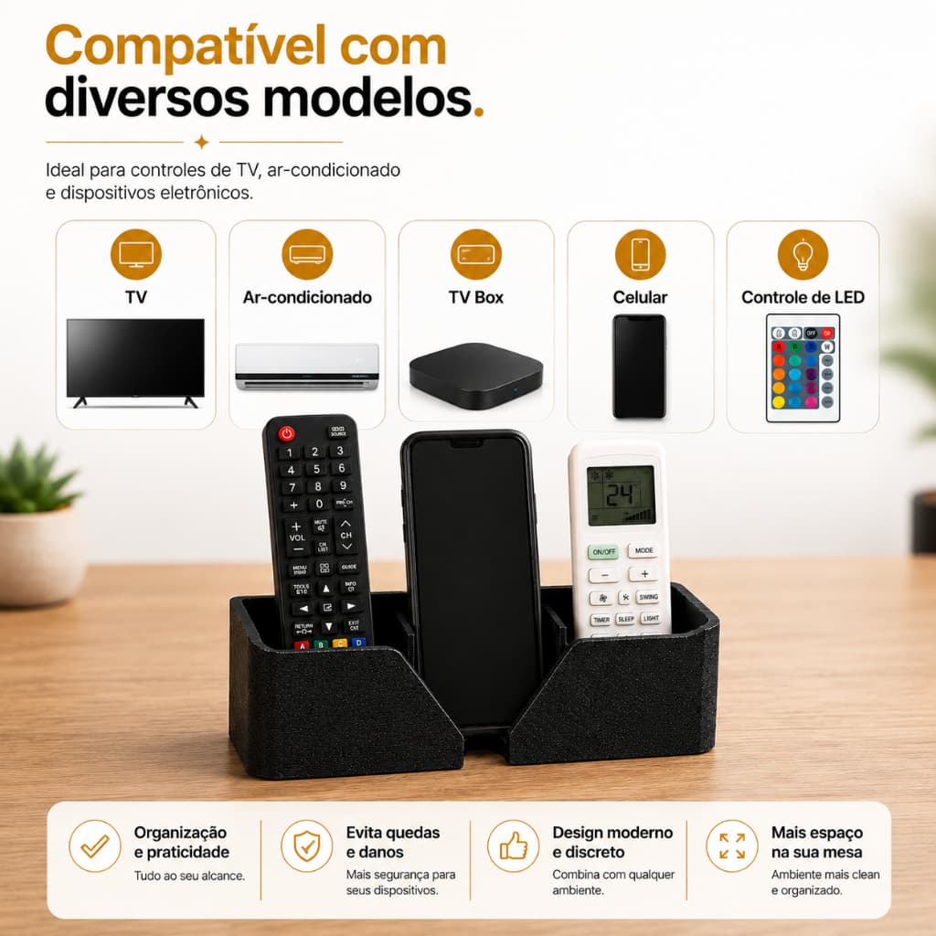 Suporte De Parede Porta 3 Controles Remoto Celular Tv E Ar Preto