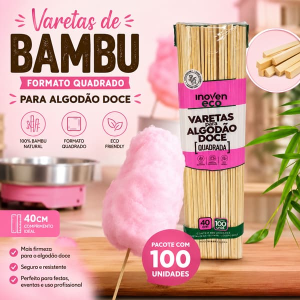 Varetas de Bambu Quadradas 40cm para Algodão Doce – Pacote com 100 Unidades | Inoven Eco