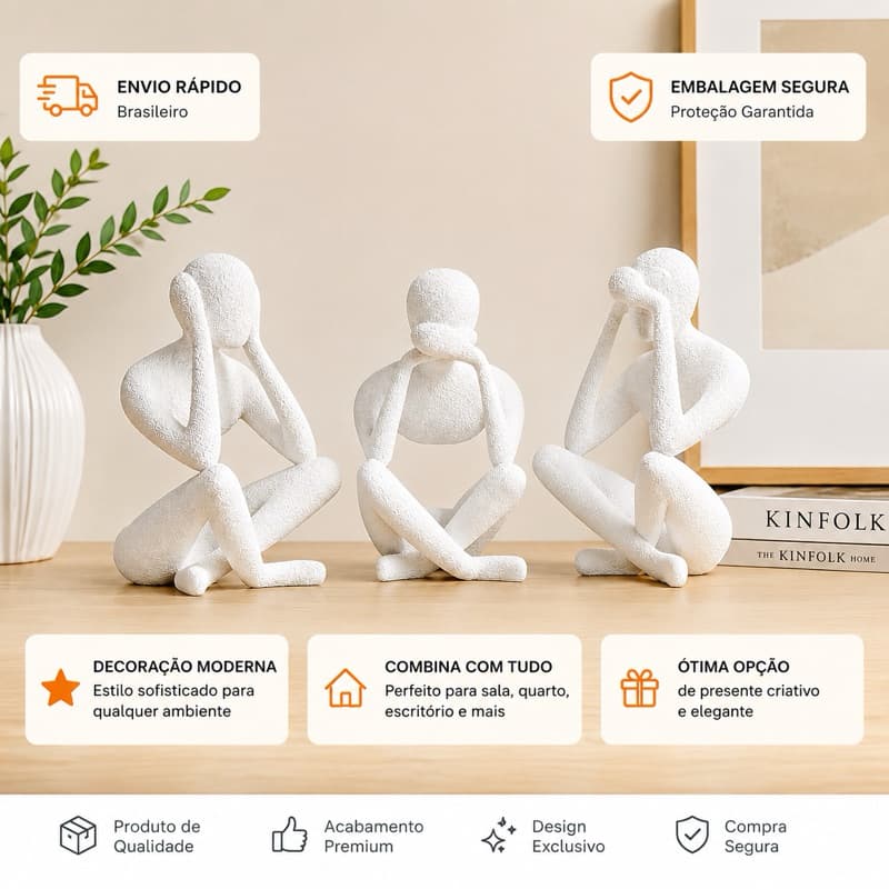 Kit Trio Sabedoria ou Escultura Hora da Leitura Decoração Moderna para Sala Escritório Presente
