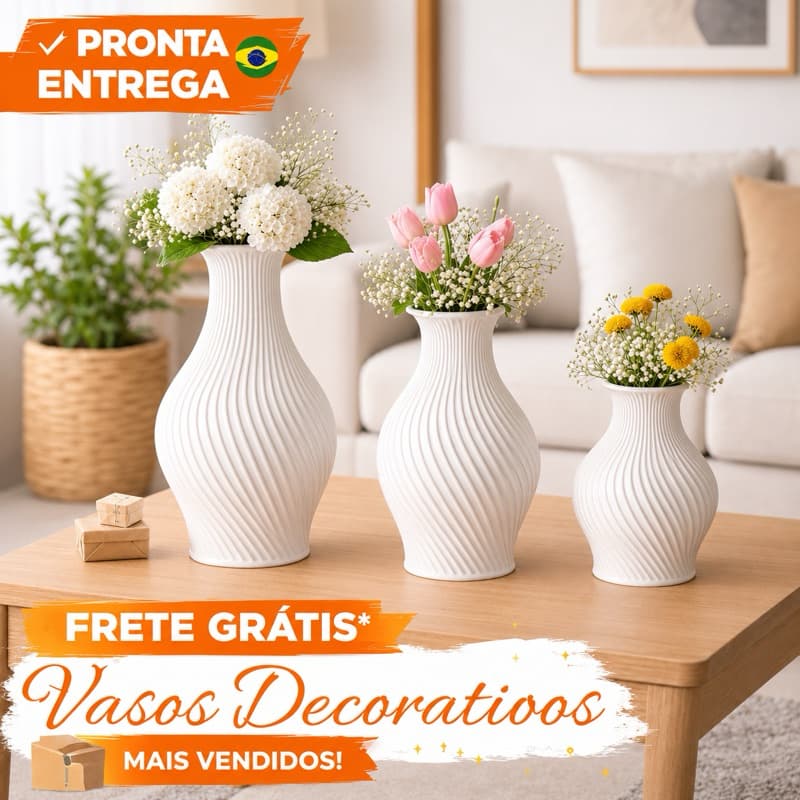 Kit 3 Vasos Decorativos em espiral – Vasos Modernos para Sala, Mesa e Decoração – Tamanhos 18cm, 15,5cm e 12,9cm