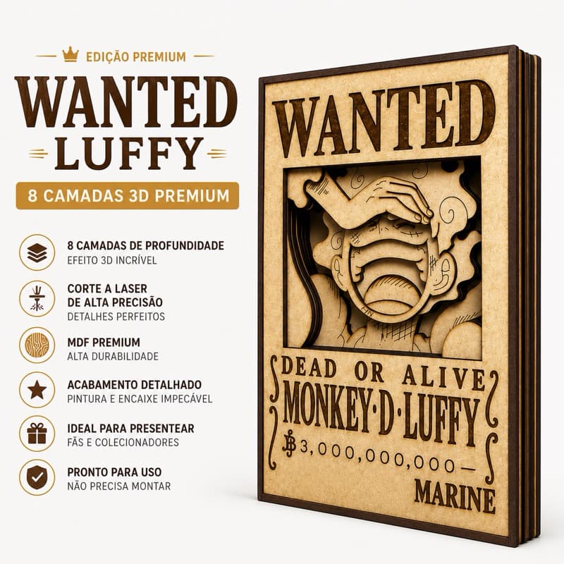 Quadro 3D Cartaz de Procurado MDF 8 Camadas Premium Decorativo Geek Colecionável 20x13,5cm