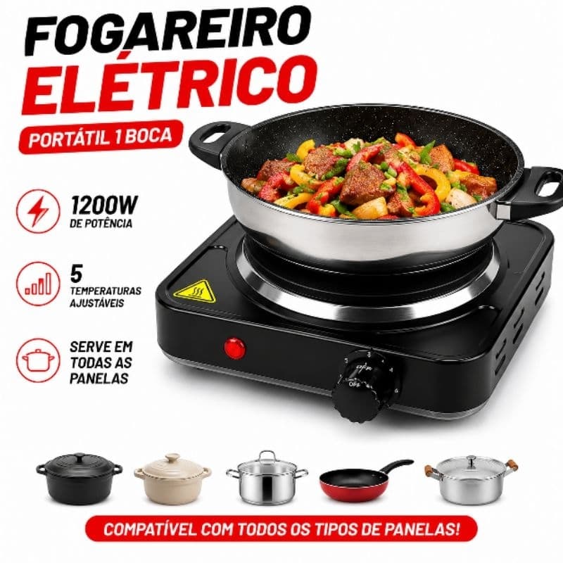 Fogareiro Elétrico Portátil 1 Boca Cooktop 1200W 5 Temperaturas Aquecimento Rápido Serve em Todas as Panelas