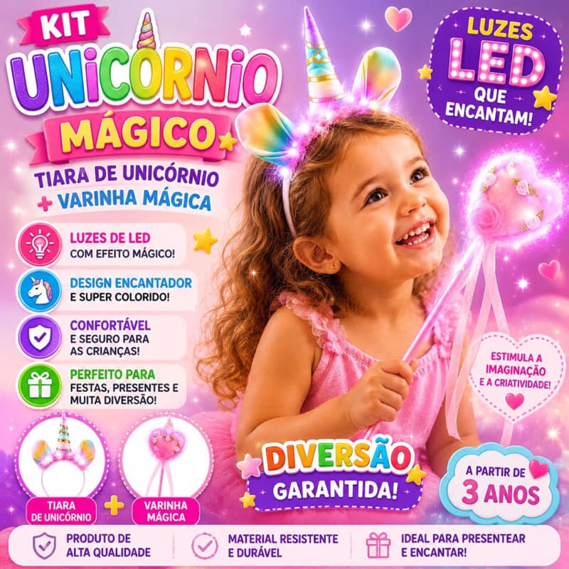 Tiara de Unicórnio com Varinha Mágica de Luz Led Infantil Festa Carnaval Presente