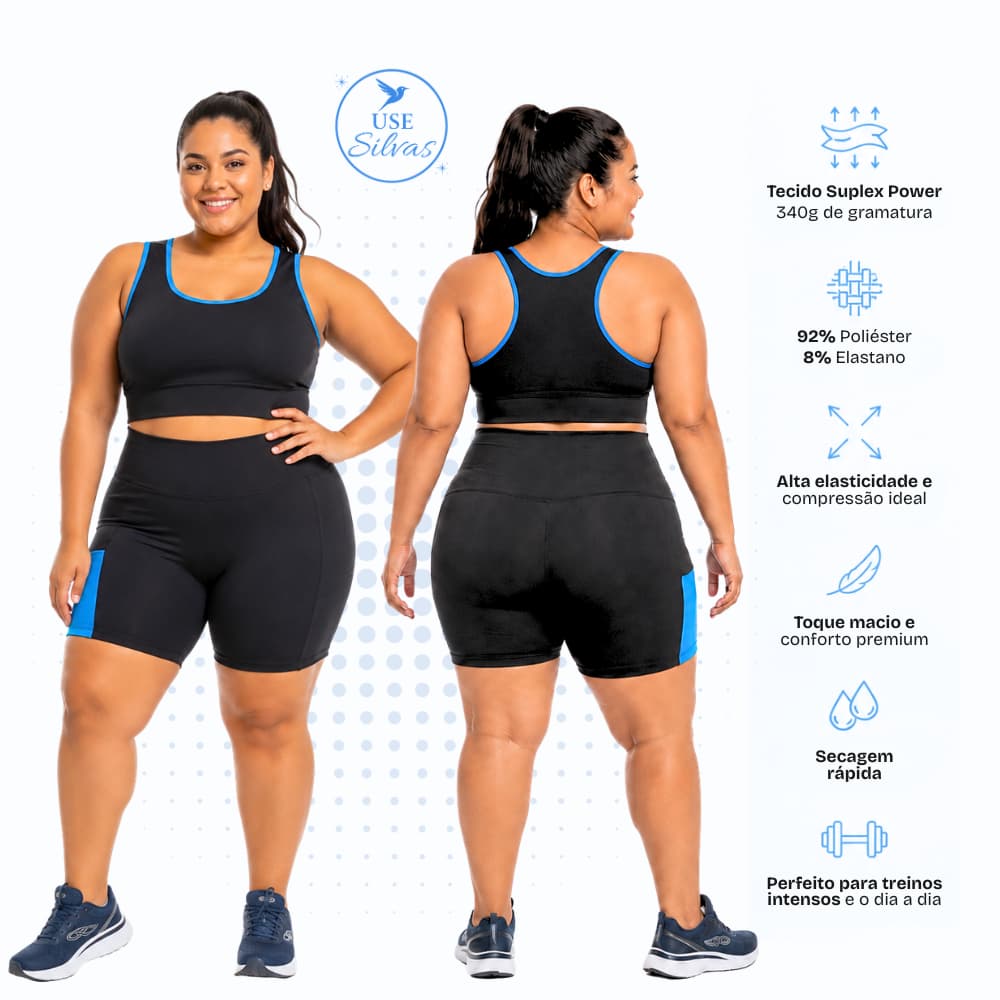 Conjunto Para Malhar Feminino Top Short Cintura Alta Bolso Academia Exercício Plus Size