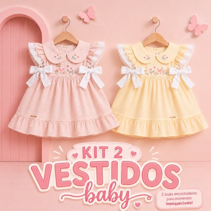 Kit 2 Vestido Infantil Gola Bordada e Ajuste Lateral Vestido de Bebê Menina Delicado com Laços Laterais