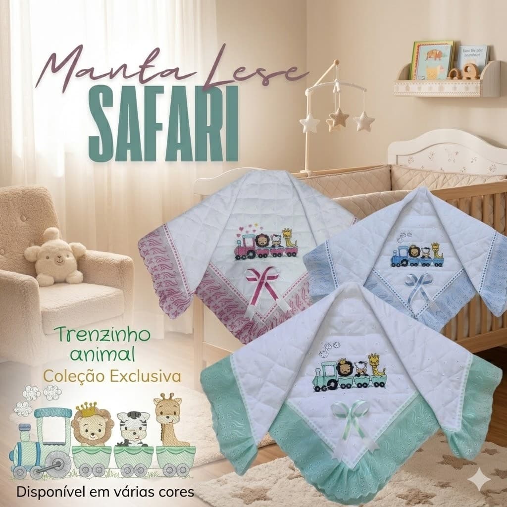 Manta Cobertor Para bebe Bordada e Forrada Saida de Maternidade Tamanho 80cm x 80cm Coleção Safar