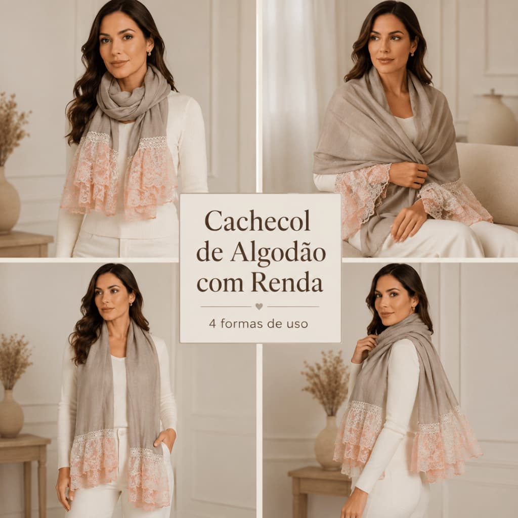 Cachecol Pashmina em Algodão com Renda Extremamente Elegante Versátil Luxo Moda Feminina 180g