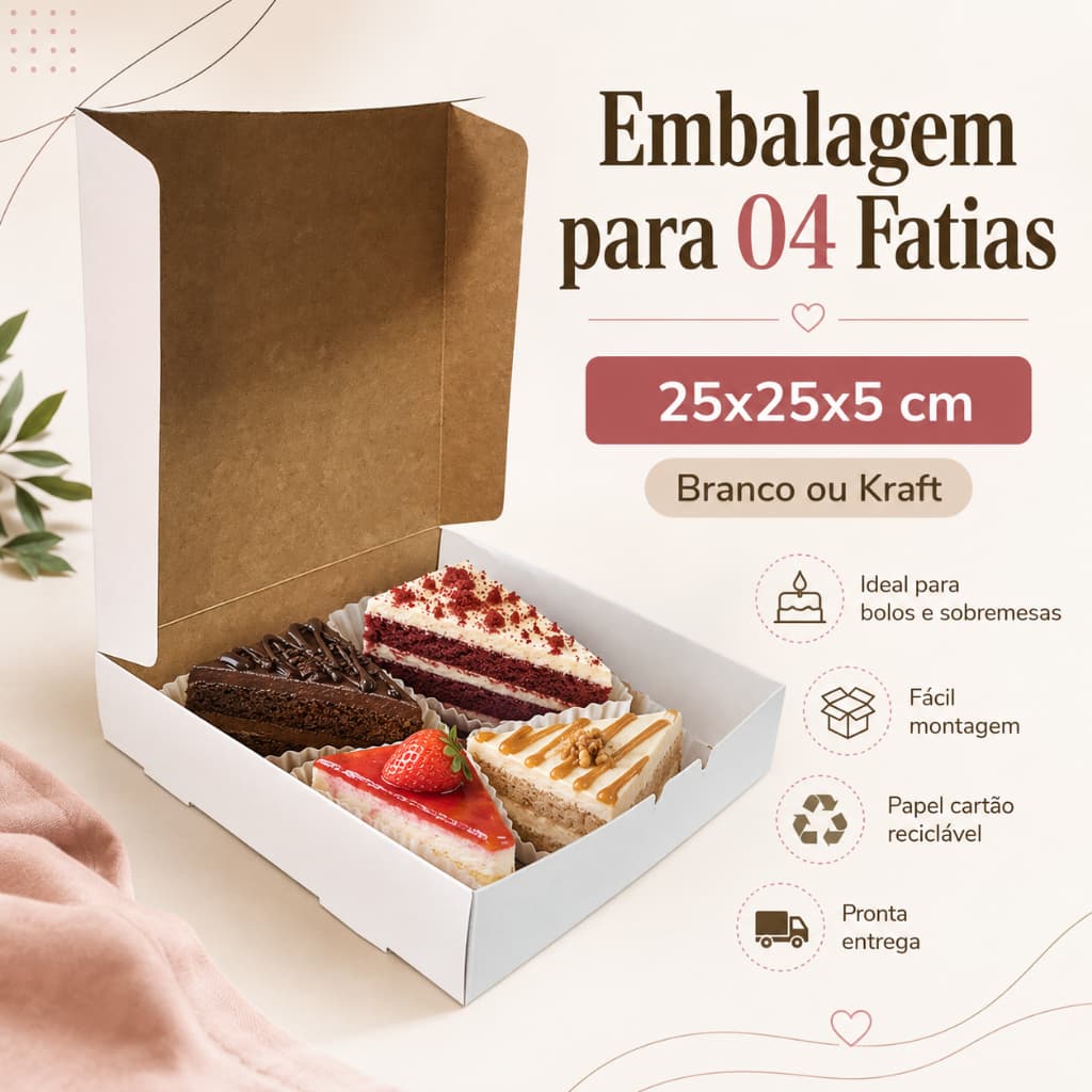 Embalagem para Fatias - 4 Fatias - Branco ou Kraft - 10, 20 e 50 unidades