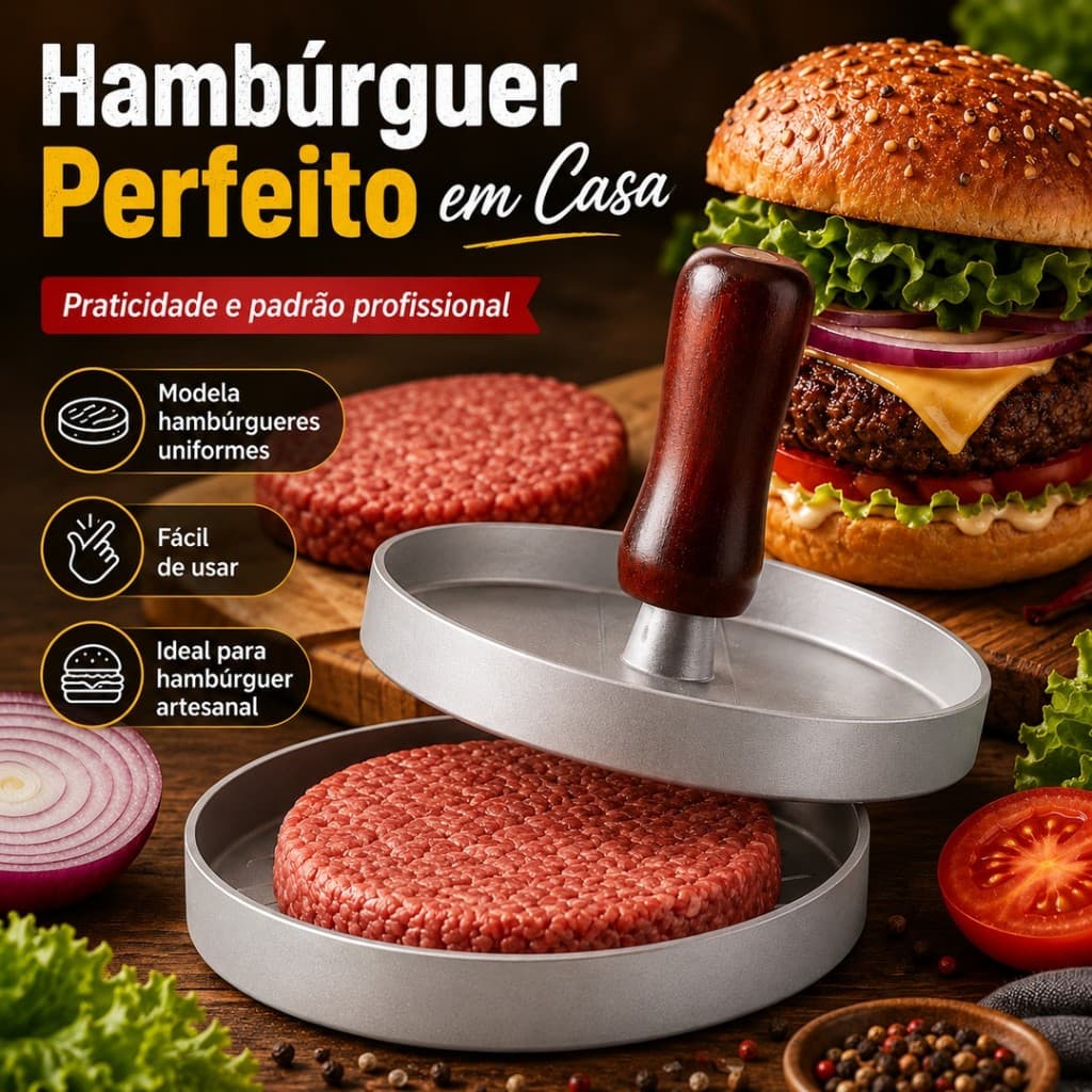 Forma Modeladora De Fazer Hambúrguer Caseiro 3 Em 1 Fácil Rápido Uniforme Alumínio Prata Cozinha Manual Churrasco