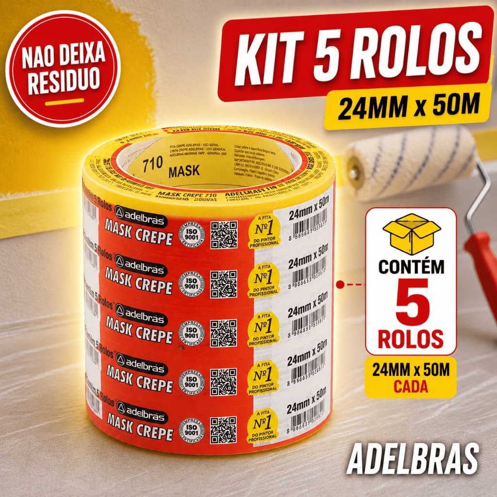 Fita Crepe Adelbras 24mm x 50m Kit 5 Rolos Pintura Mascaramento Proteção Sem Resíduo