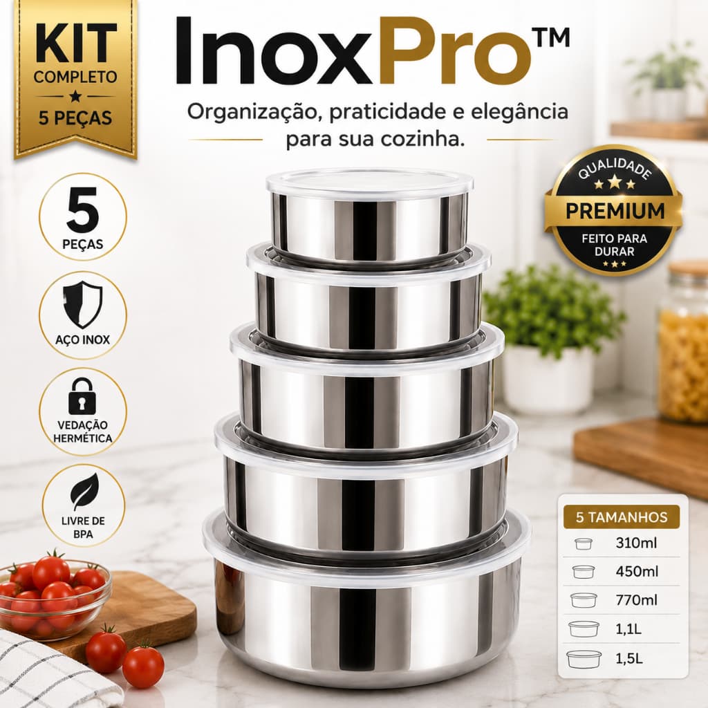 kit Potes Hermeticos de Inox conjunto com 5 Pecas com Tampa Vedação hermetica Cozinha Armazenamento