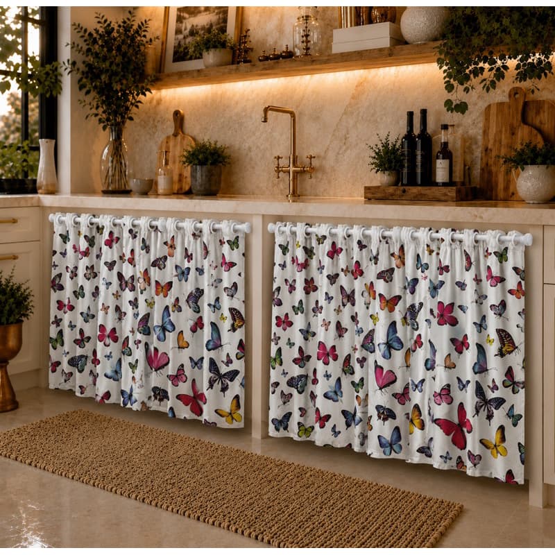 Cortina De Pia Cozinha Estampada 1,40m X 80 Com Ilhós Branco