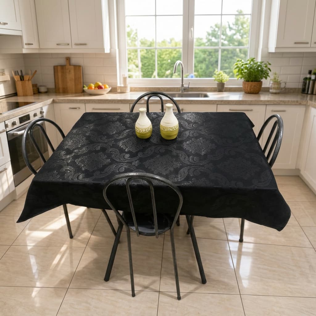 Toalha Forro De Mesa Jacquard Luxo 4 lugares 1,40 X 1,00 Preto para Sala, Cozinha e Áreas.