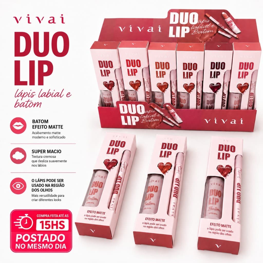 Kit Duo Lip Vivai com Lápis Labial + Batom Matte Efeito Aveludado Longa duração