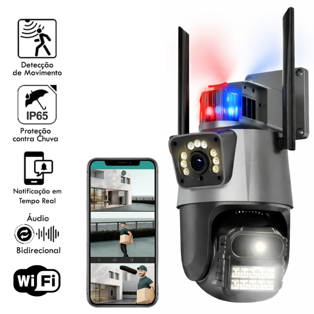 Câmera IPSKY2 Wi-Fi Alarme Sirene Policial Segurança e Visão Noturna Lente Dupla 3.6mm Speed Dome