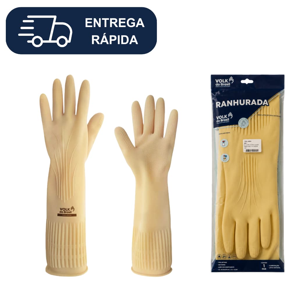 Luva de Látex Ranhurada Volk Cano Longo 40cm Antiderrapante Impermeável Limpeza Cozinha Jardinagem
