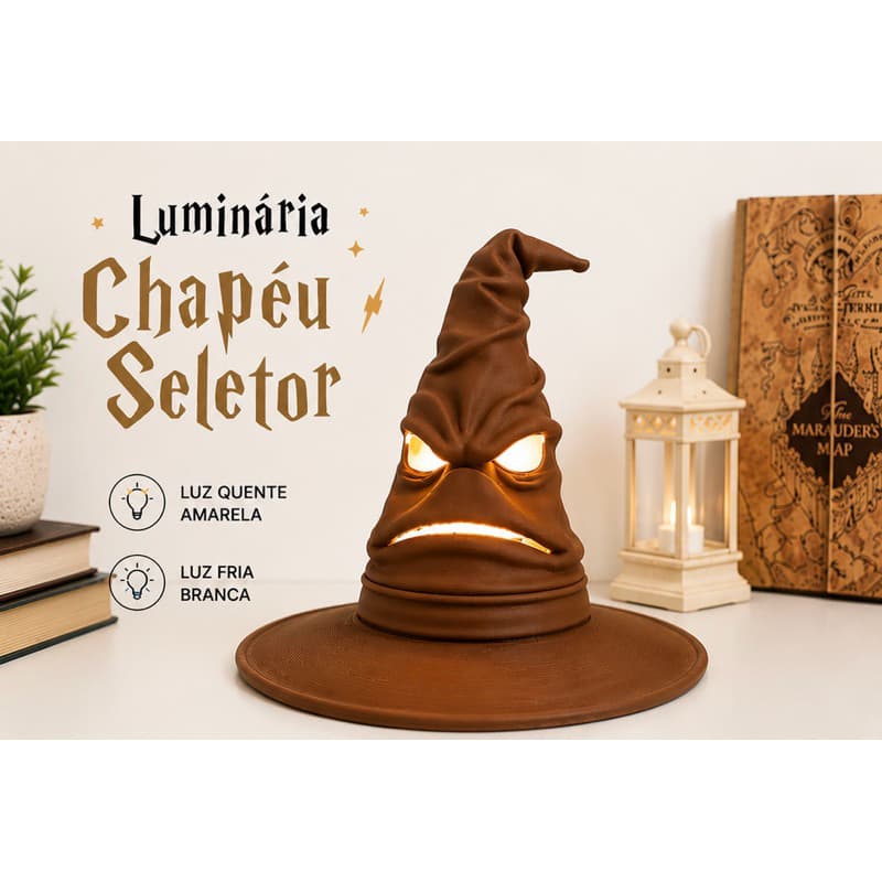 Luminária Chapéu Seletor LED USB Harry Potter Decorativa Abajur Geek Luz Quente e Luz Fria Impressão 3D