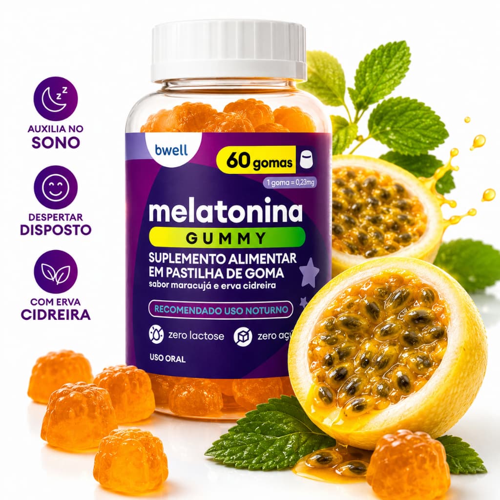 Melatonina Bwell Gummy Maracujá e Erva-Cidreira 60 Gomas Zero Açúcar zero lactose