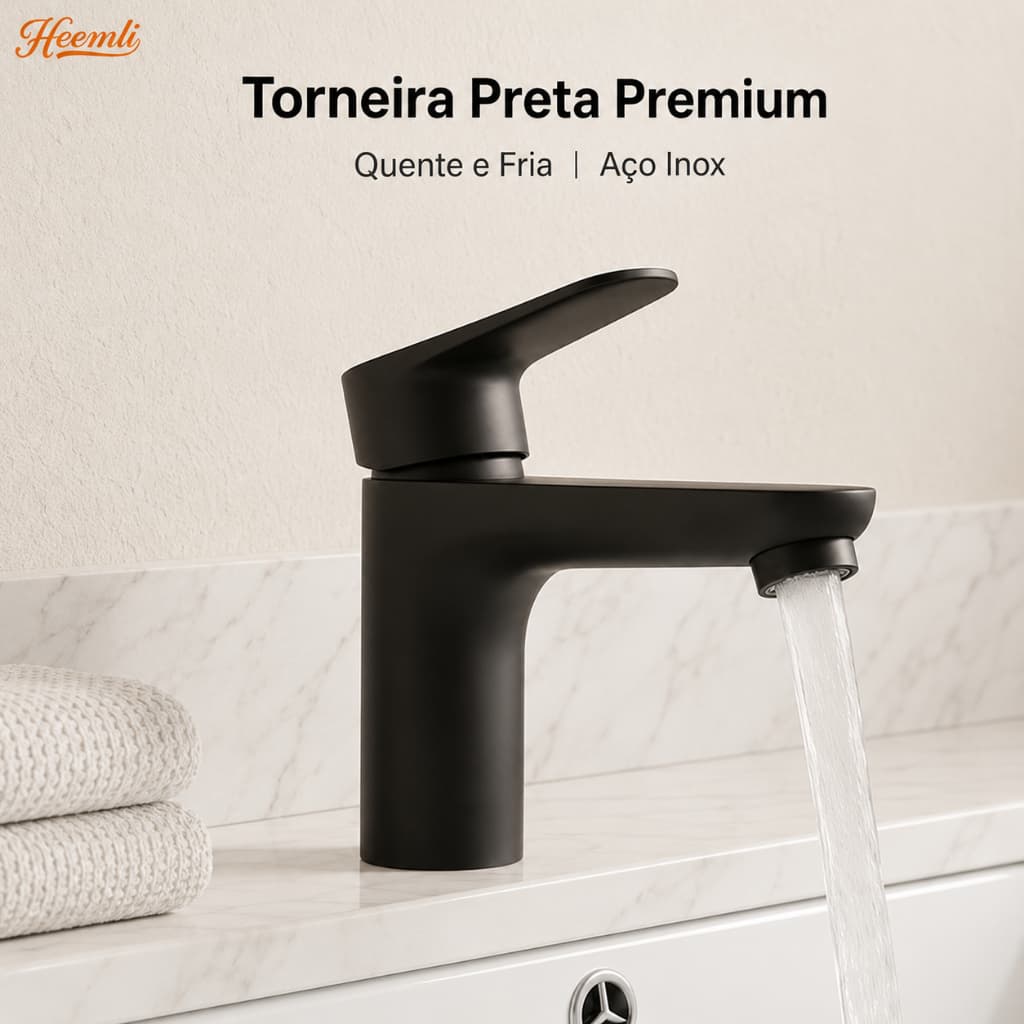 Heemli Torneira Baixa para Banheiro Preta Misturador Quente e Fria Inox
