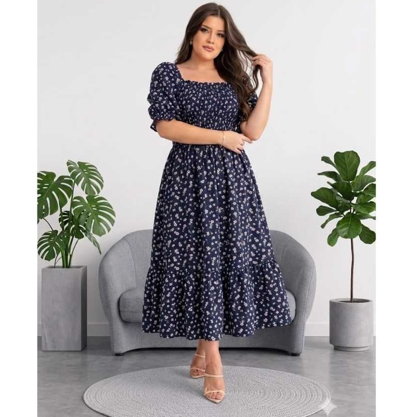 Vestido Feminino Midi com Manga Bufante Elastex, Estampada Florzinhas