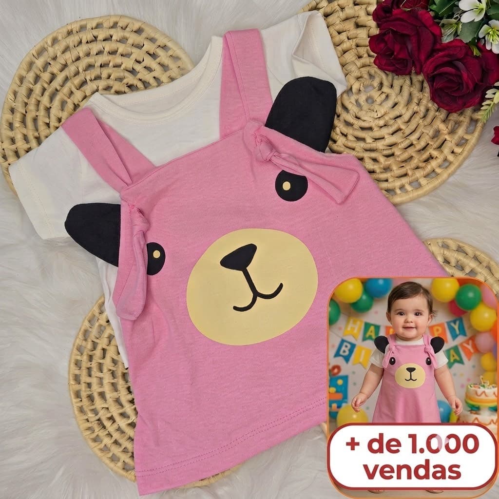 Conjunto Infantil Menina Verão Jardineira Blusa e Vestido - Embalado Para Presente Envio Rápido