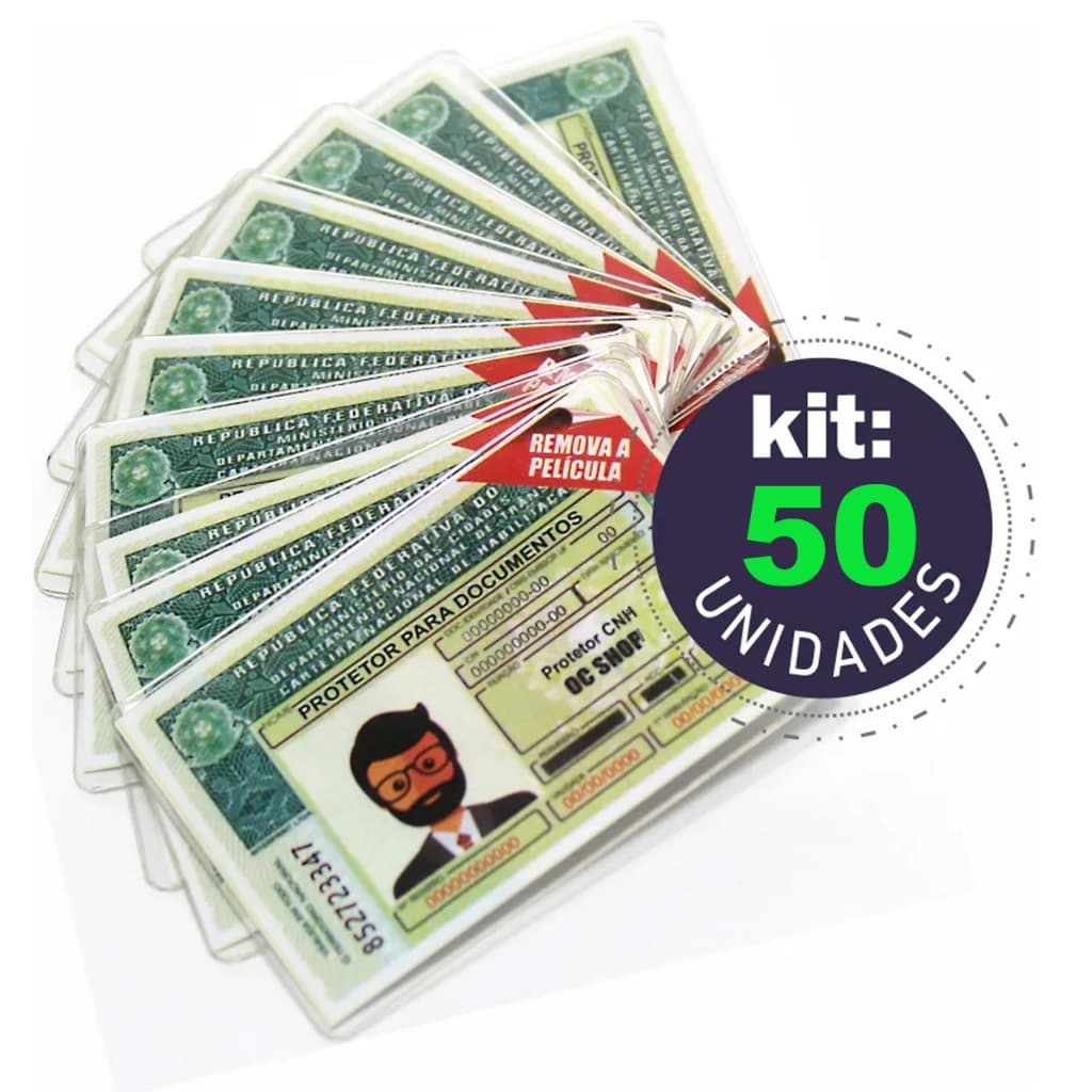 Kit 50 Porta CNH Protetor Carteira Nacional de Habilitação PETG Transparente Resistente