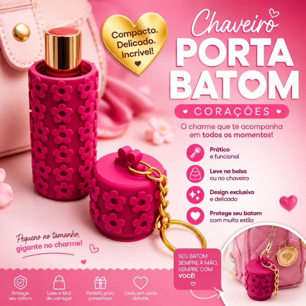 Porta Batom Chaveiro Feminino 3D Flores Compacto Organizador Bolsa Necessaire Presente Delicado