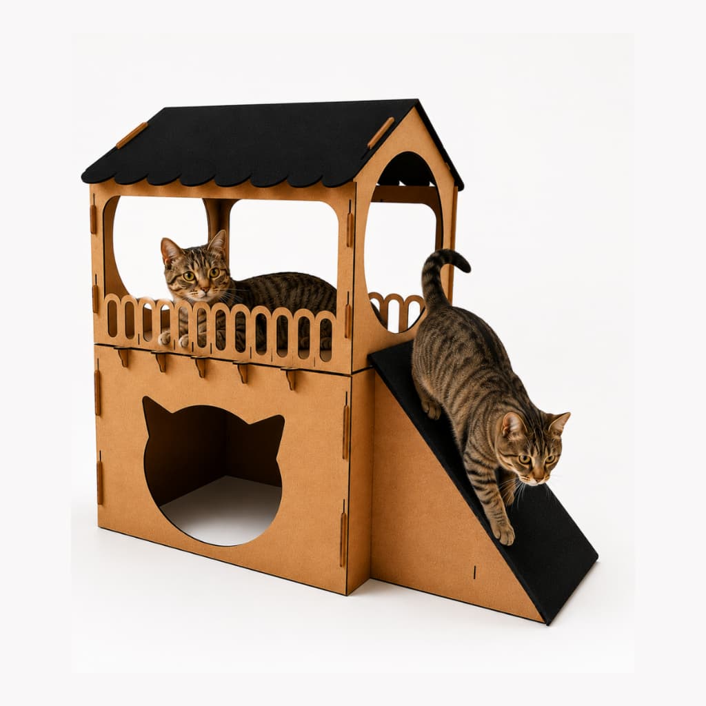 Casinha para Gatos Mdf 2 Andares com Rampa Arranhador Casa para Gato Grande 75x67x32cm