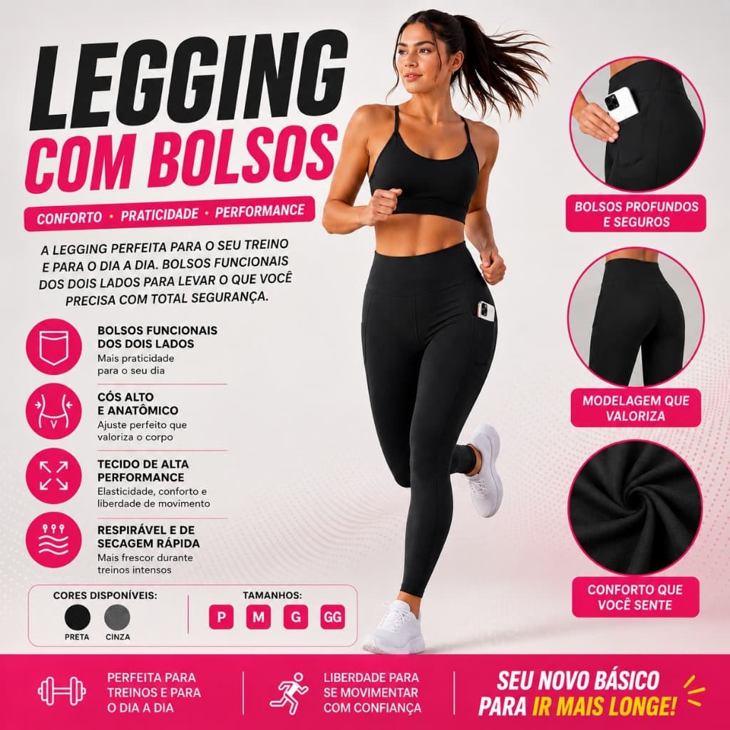 Legging Poliamida Bolso Celular Feminina Alta Compressão Fitness Treino e Academia