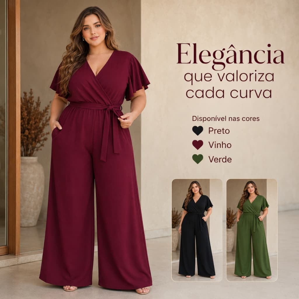 Macacão Feminino Plus Size Longo Pantalona Duna Elegante Decote Transpassado Com Bolsos Forrado