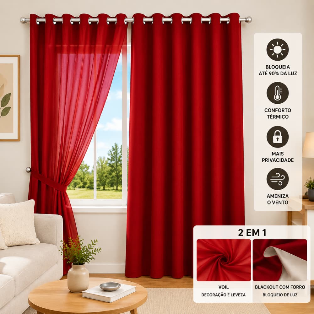 Cortina Blackout Forro Voil Vermelho Isolamento Luz Privacidade 280x220cm
