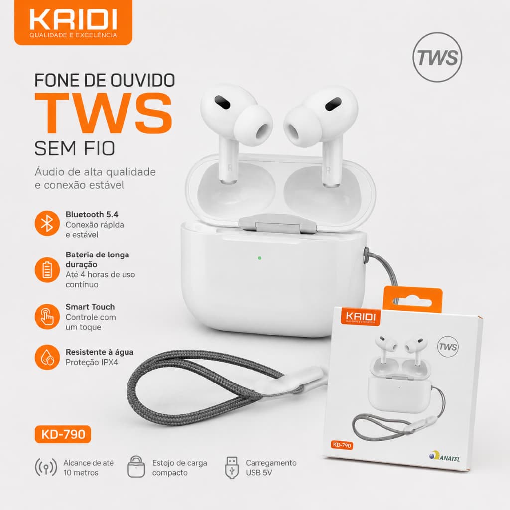 Kaidi Fone Bluetooth TWS KD-790 Sem Fio Bluetooth 5.4 Touch IPX4 Compatível Android e iPhone