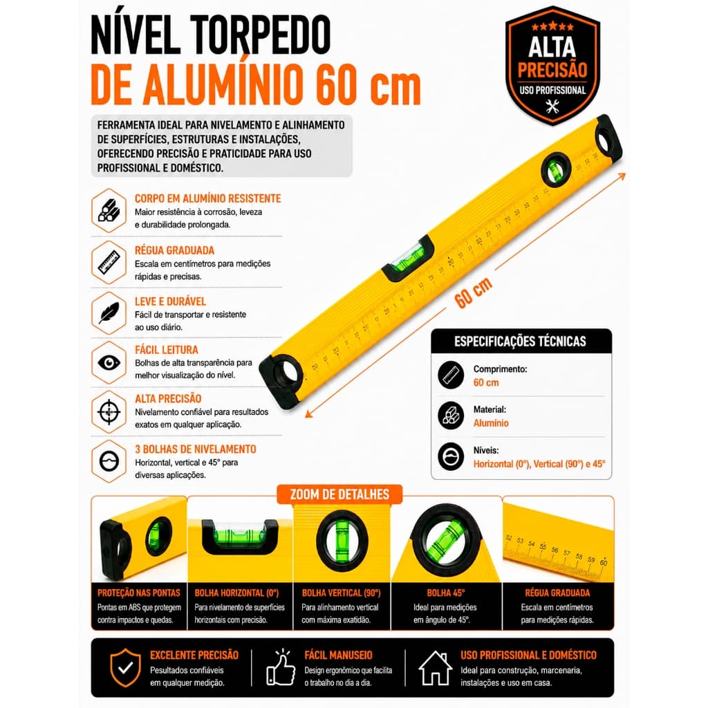 Nível Bolhas Base Magnética Imã 60cm Régua De Prumo Pedreiro Promoção