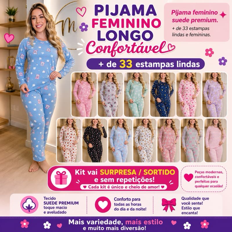 Kit 2 a 6 peças de roupa pijama feminino longo - conjunto pijama manga longa inverno suede pijama feminino roupa