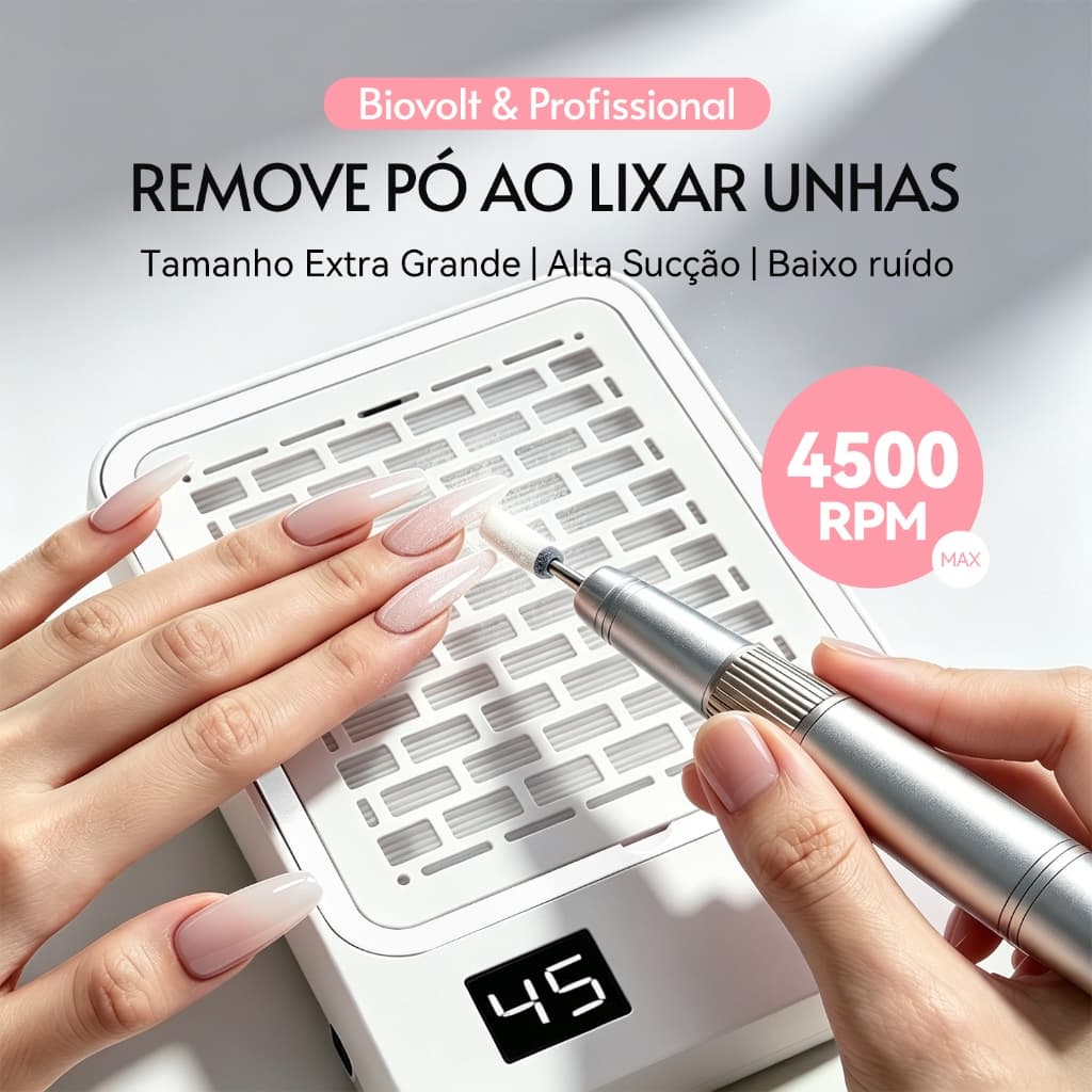 Aspirador Pó Unhas 180W 4500RPM Bivolt Silencioso Lixamento Gel Acrigel Salão DIY