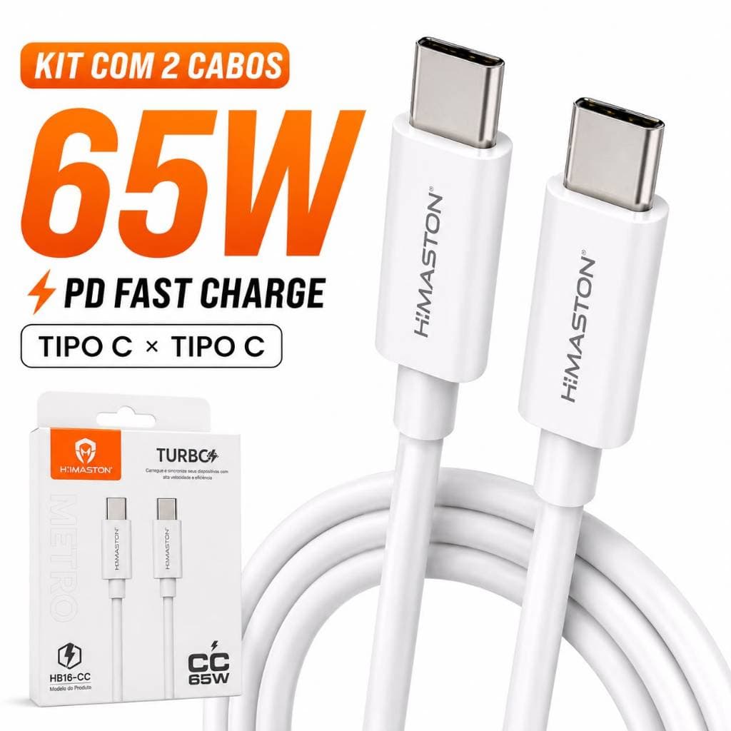 Cabo Tipo C  Carregamento Rápido Turbo 65W Compatível a Android e iOS