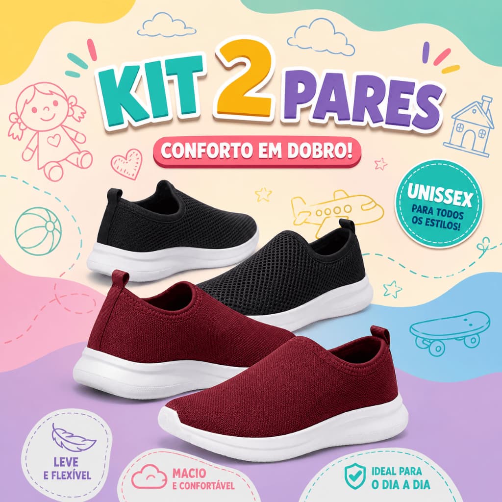 Kit 2 Pares Tênis Infantil Confortável Casual Menino Menina Escolar Calce Fácil Macio Respirável Leve