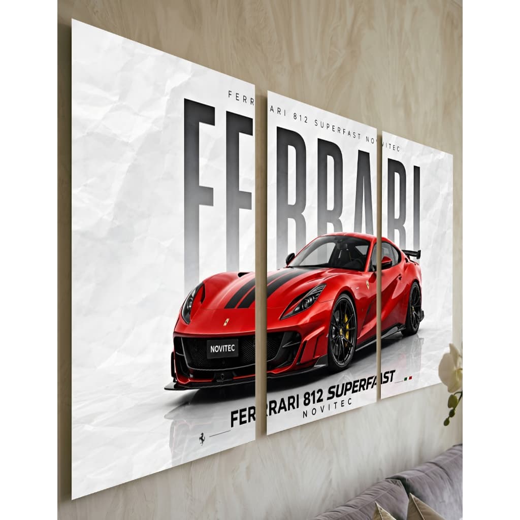Quadro Ferrari 812 Superfast 3 Peças Painel Decorativo Parede Sala Quarto Carro Vermelho Grande