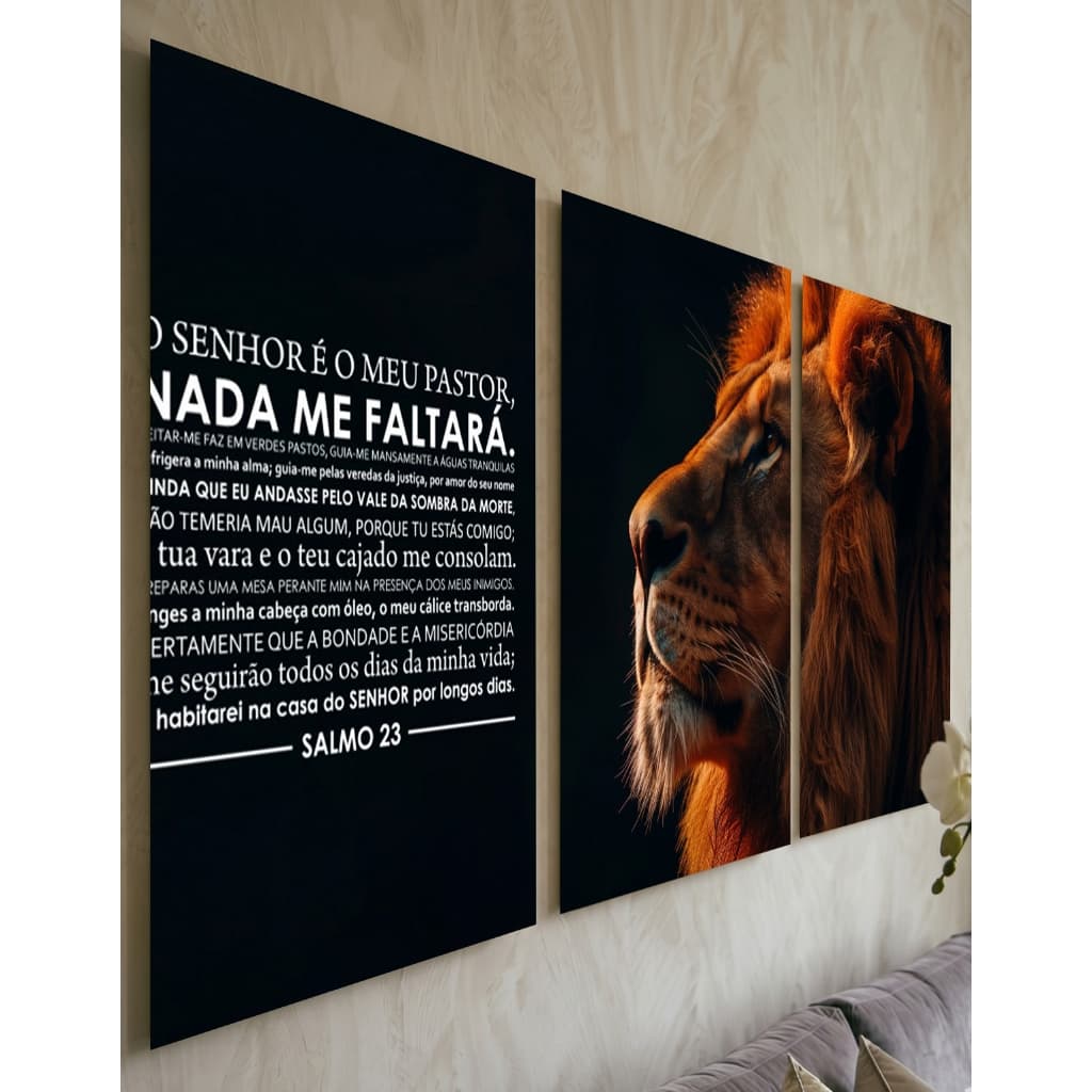 Kit 3 Quadros Decorativos Salmo 23 Leão Painel Sala Quarto Religioso MDF