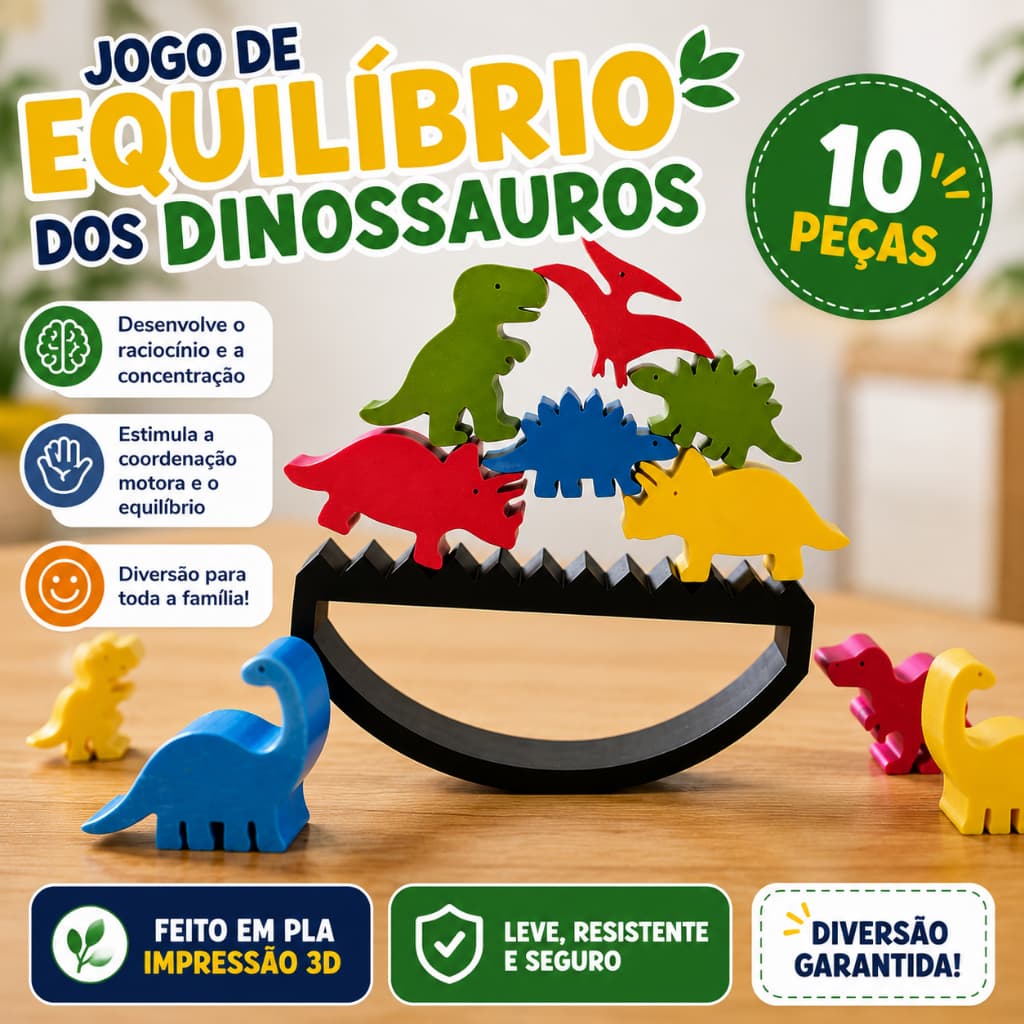 Jogo de Equilíbrio Dinossauros | Brinquedo Educativo Montessori | Impressão 3D em PLA